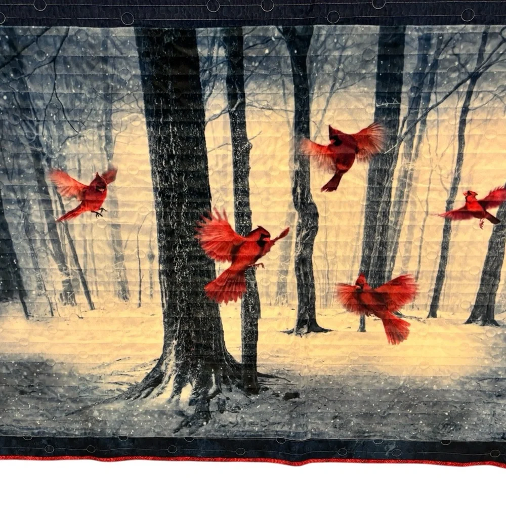 Handmade Quilted Patchwork Throw W/ Cardinals In the Woods Trees Navy Red 52x44”